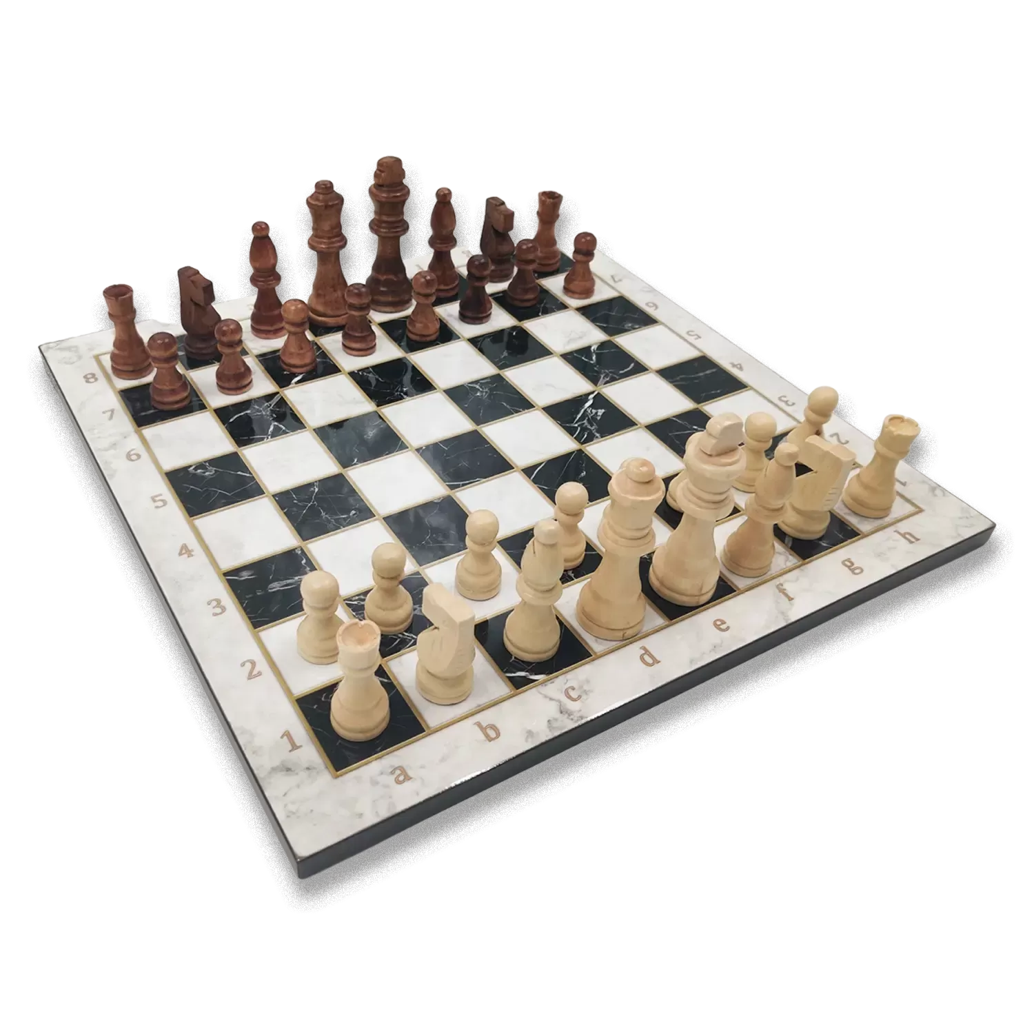 Deluxe wit schaakbord marmer print + schaakstukken